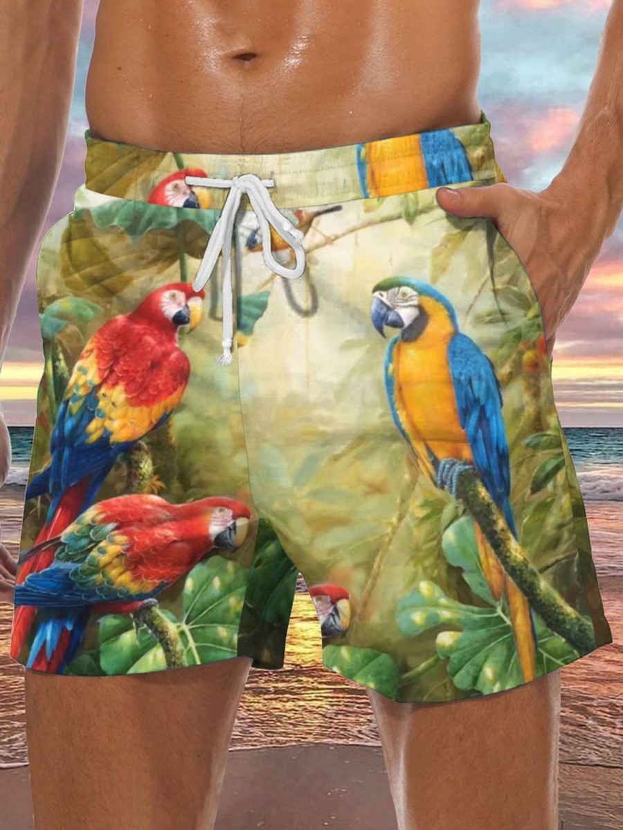 Men HLJ Bottoms | Hand-Painted Oil Painting Colorful Parrot Drawstring Beach Shorts Light Yellow