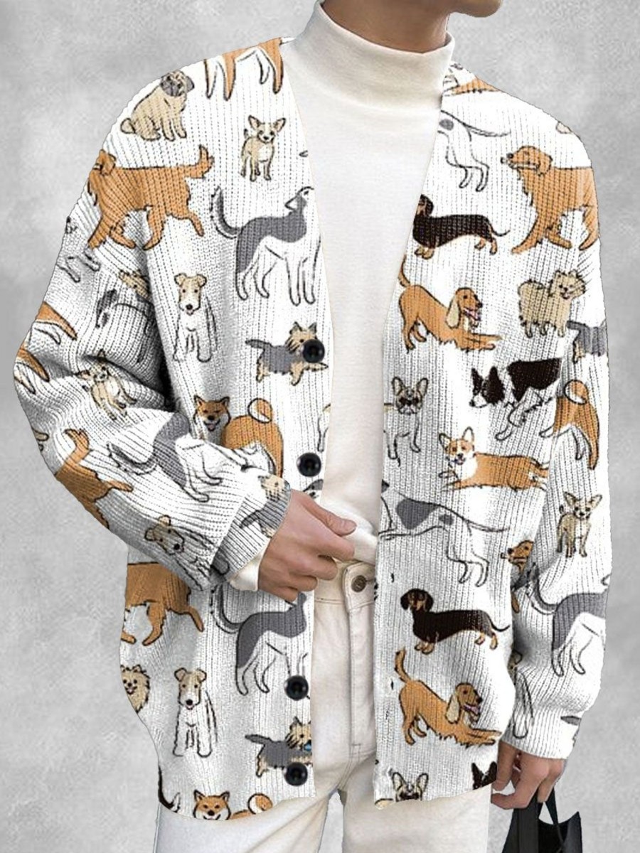 Men DJ Print Cardigan | Cute Cartoon Puppy Print Casual Knitted Cardigan Photo Color