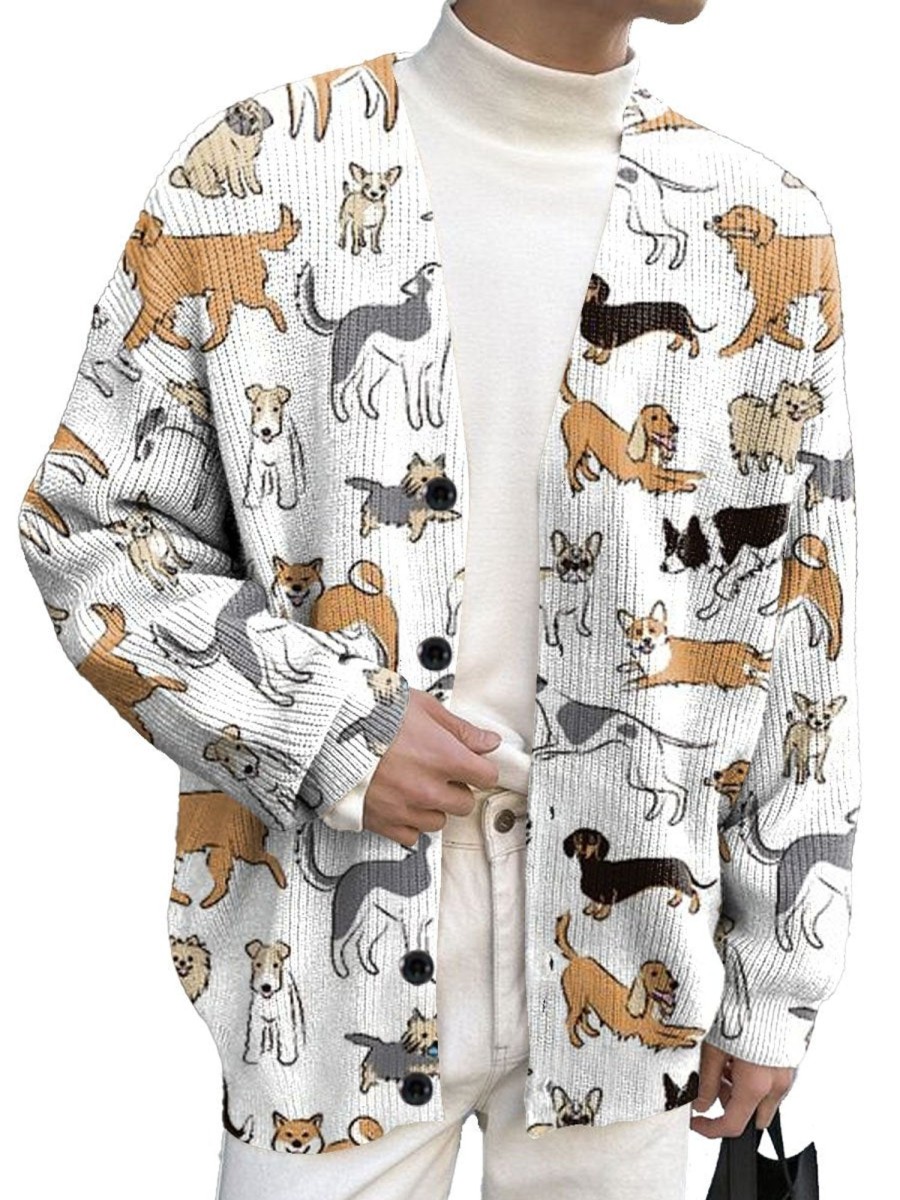 Men DJ Print Cardigan | Cute Cartoon Puppy Print Casual Knitted Cardigan Photo Color