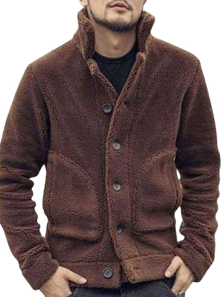 Men DJ Jacket | Solid Color Lapel Double Pocket Suede Thermal Coat Photo Color