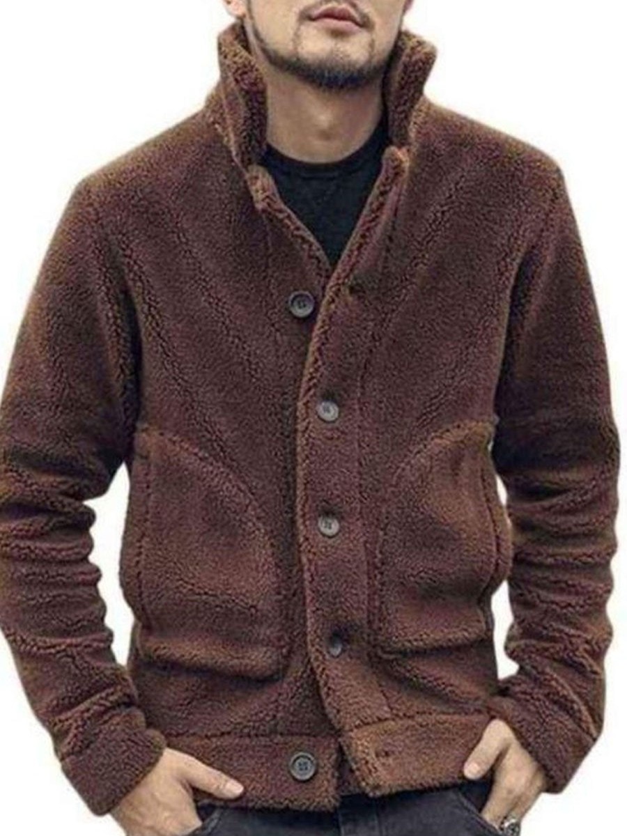 Men DJ Jacket | Solid Color Lapel Double Pocket Suede Thermal Coat Photo Color