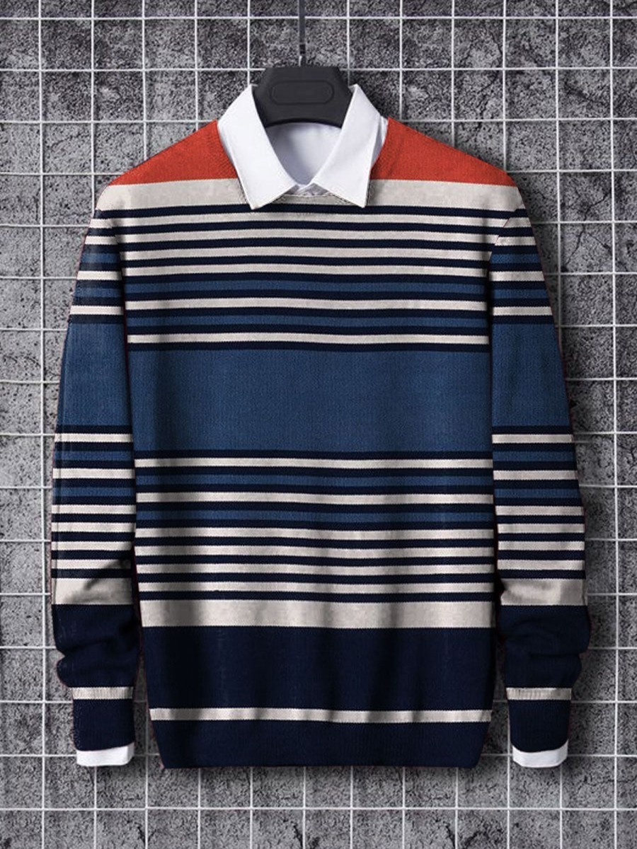 Men BXL Print Sweater | Men'S Contrast Striped Casual Knitted Pullover Sweater Blue