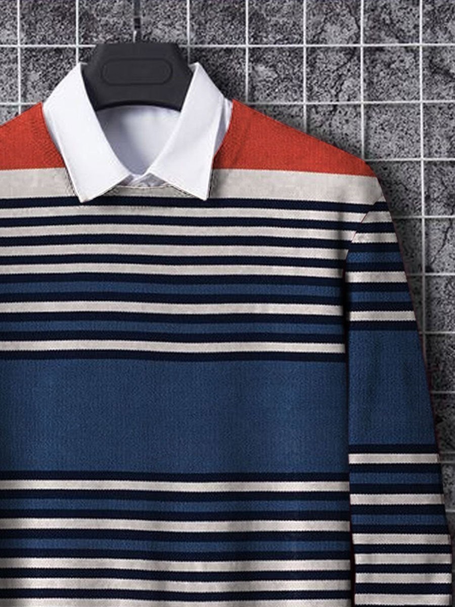 Men BXL Print Sweater | Men'S Contrast Striped Casual Knitted Pullover Sweater Blue