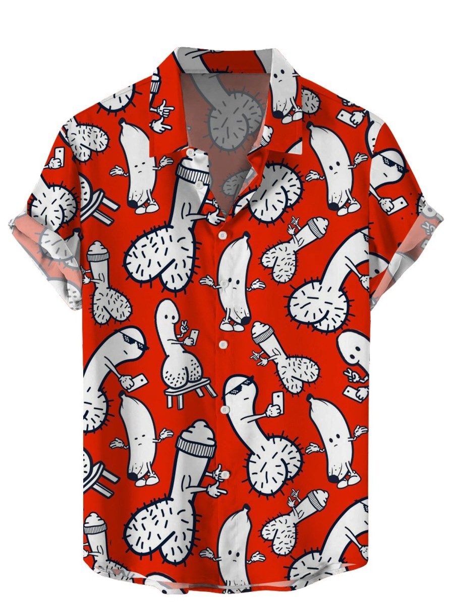 Men HLJ Shirts | Fun Banana Print Short Sleeve Shirt Red