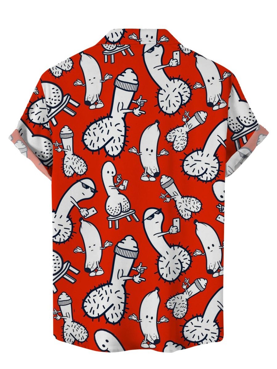 Men HLJ Shirts | Fun Banana Print Short Sleeve Shirt Red