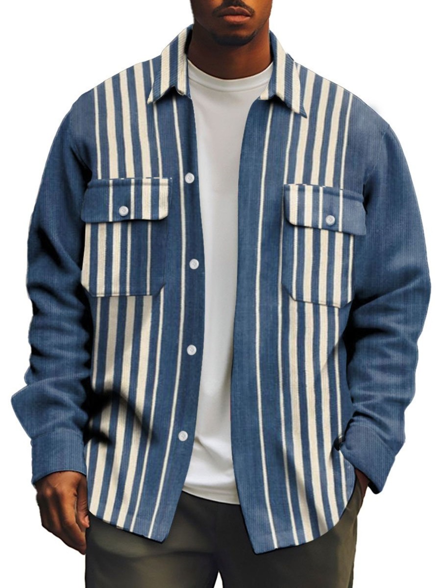 Men BXL Print Jacket | Men'S Casual Striped Print Double Pocket Corduroy Jacket 35085408Xl Blue