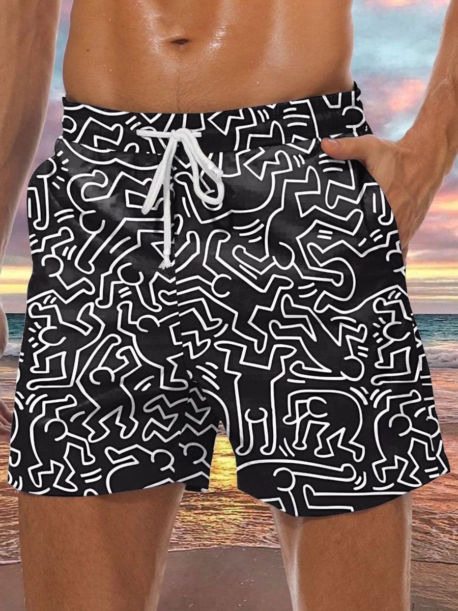 Men DJ Bottoms | Fun And White Pop Art Print Two-Pocket Tie-Up Hawaiian Shorts Black