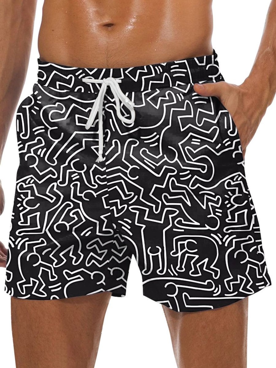 Men DJ Bottoms | Fun And White Pop Art Print Two-Pocket Tie-Up Hawaiian Shorts Black