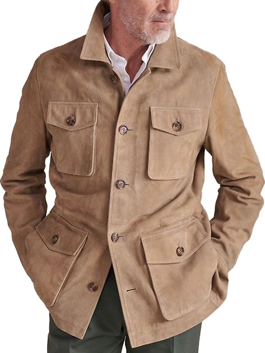 Men BXL Jacket | Retro Multi-Pocket Solid Color Cotton Twill Lapel Casual Jacket Khaki