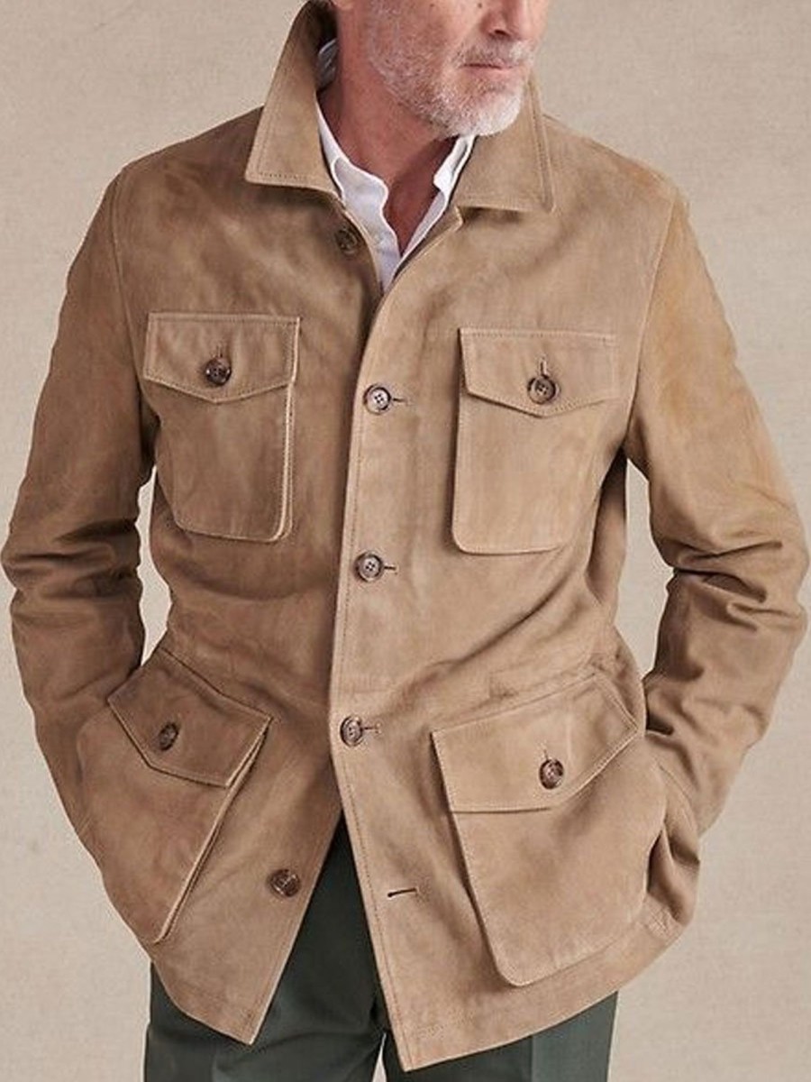 Men BXL Jacket | Retro Multi-Pocket Solid Color Cotton Twill Lapel Casual Jacket Khaki