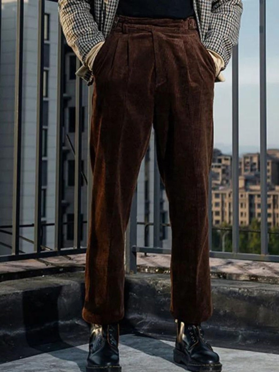 Men QMY Bottoms | Vintage Gentleman Corduroy Casual Pants Brown