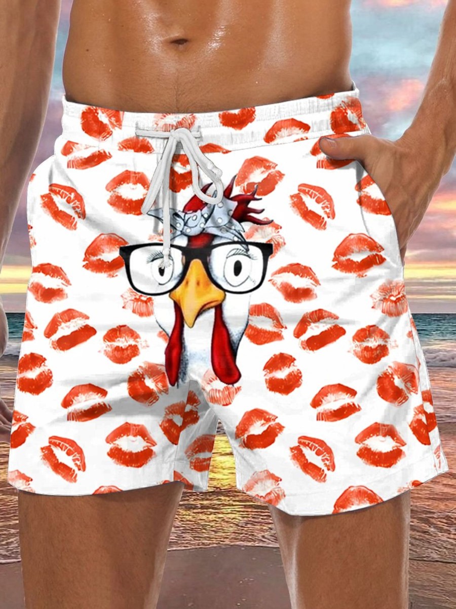 Men DJ Bottoms | Fun Chicken Head And Lips Print Pocket Shorts Photo Color