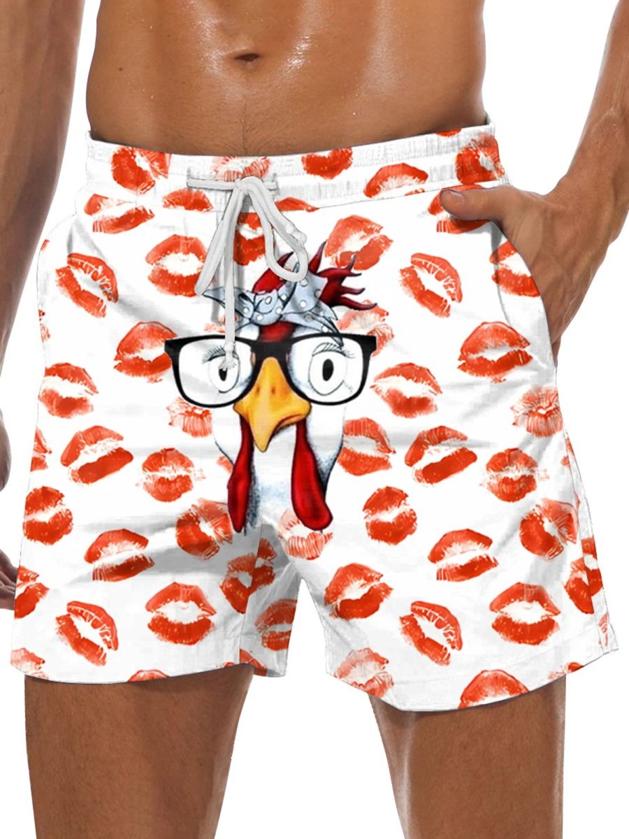 Men DJ Bottoms | Fun Chicken Head And Lips Print Pocket Shorts Photo Color