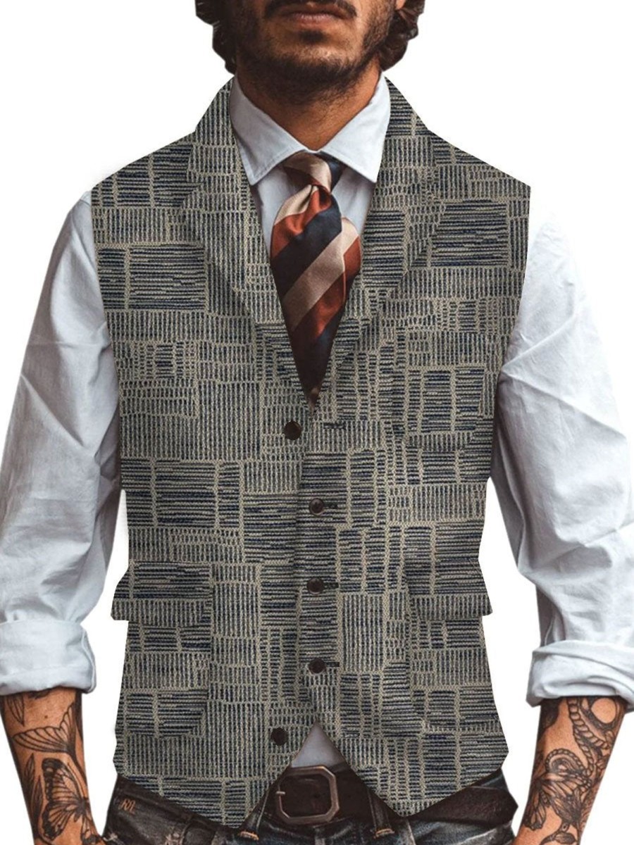 Men DJ Vest | Retro Printed Three-Pocket Lapel Suit Vest Photo Color