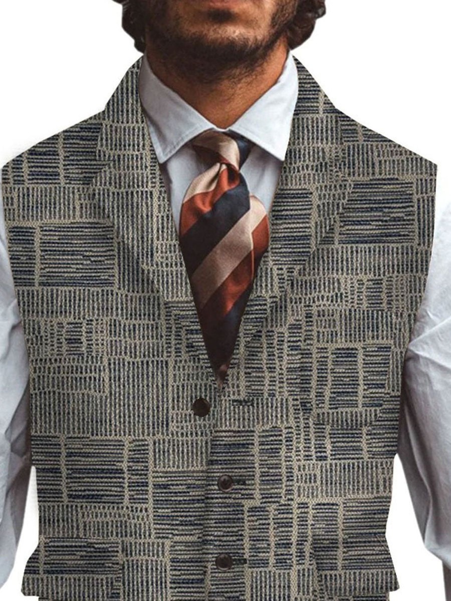 Men DJ Vest | Retro Printed Three-Pocket Lapel Suit Vest Photo Color