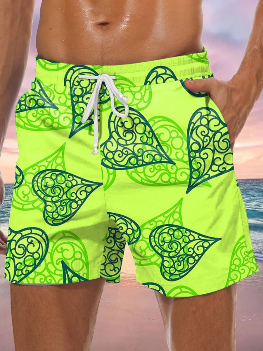 Men GYJ Bottoms | Scroll Curve Geometric Love Print Casual Shorts Green