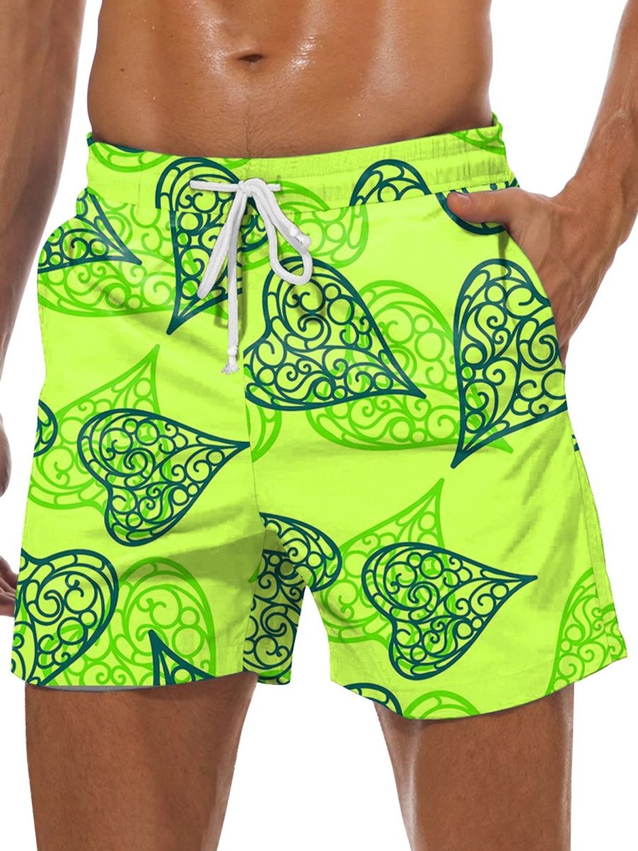 Men GYJ Bottoms | Scroll Curve Geometric Love Print Casual Shorts Green