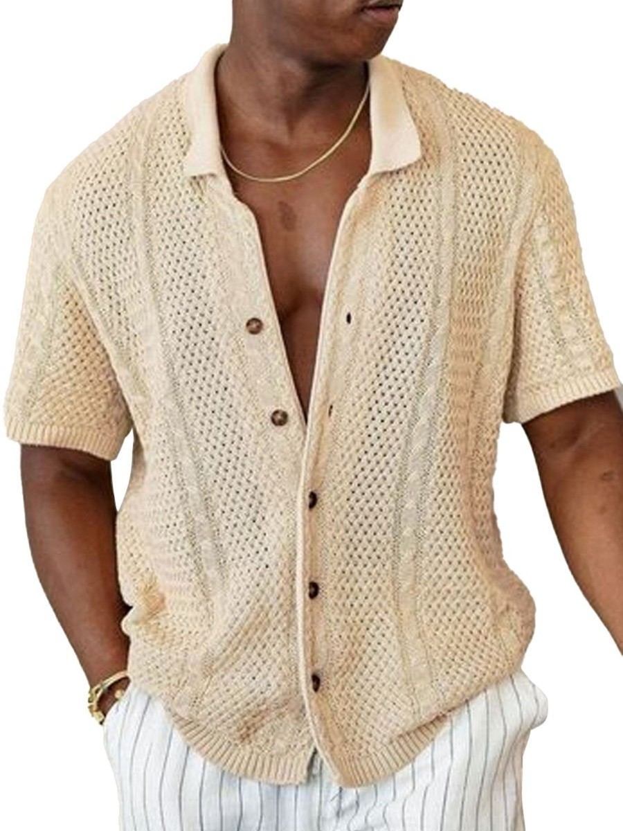 Men DJ Casual Shirts | Lapel Single-Breasted Casual Knitted Short-Sleeved Shirt Photo Color