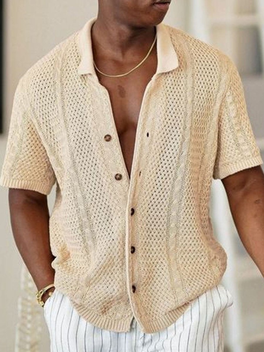 Men DJ Casual Shirts | Lapel Single-Breasted Casual Knitted Short-Sleeved Shirt Photo Color