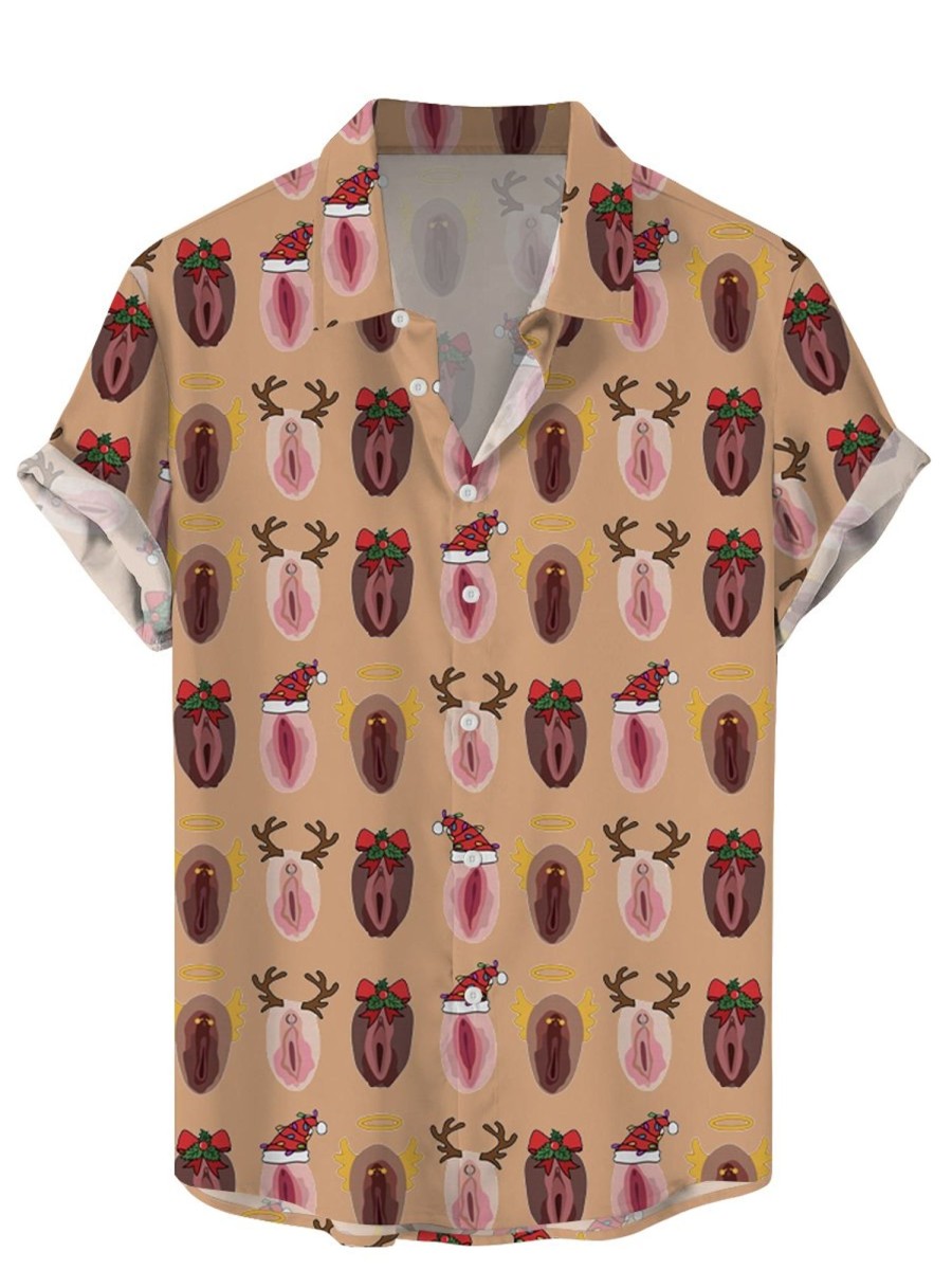 Men DJ Shirts | Fun Christmas Sexy Print Casual Short Sleeve Shirt Brown