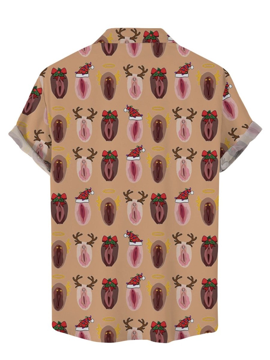 Men DJ Shirts | Fun Christmas Sexy Print Casual Short Sleeve Shirt Brown