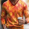 Men LJC Print Sweater | Round Overlay Stripe Print V-Neck Knitted Pullover Sweater Orange