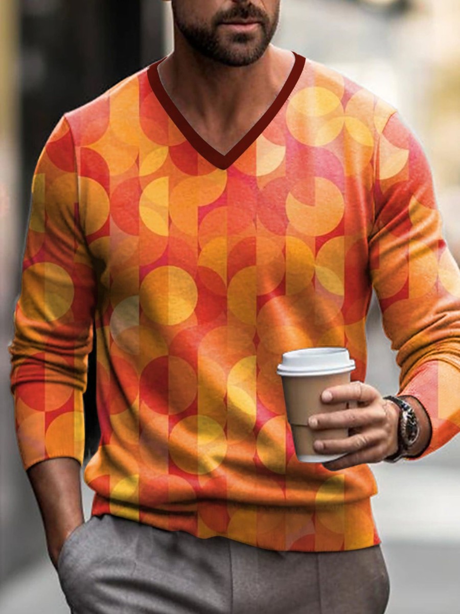 Men LJC Print Sweater | Round Overlay Stripe Print V-Neck Knitted Pullover Sweater Orange