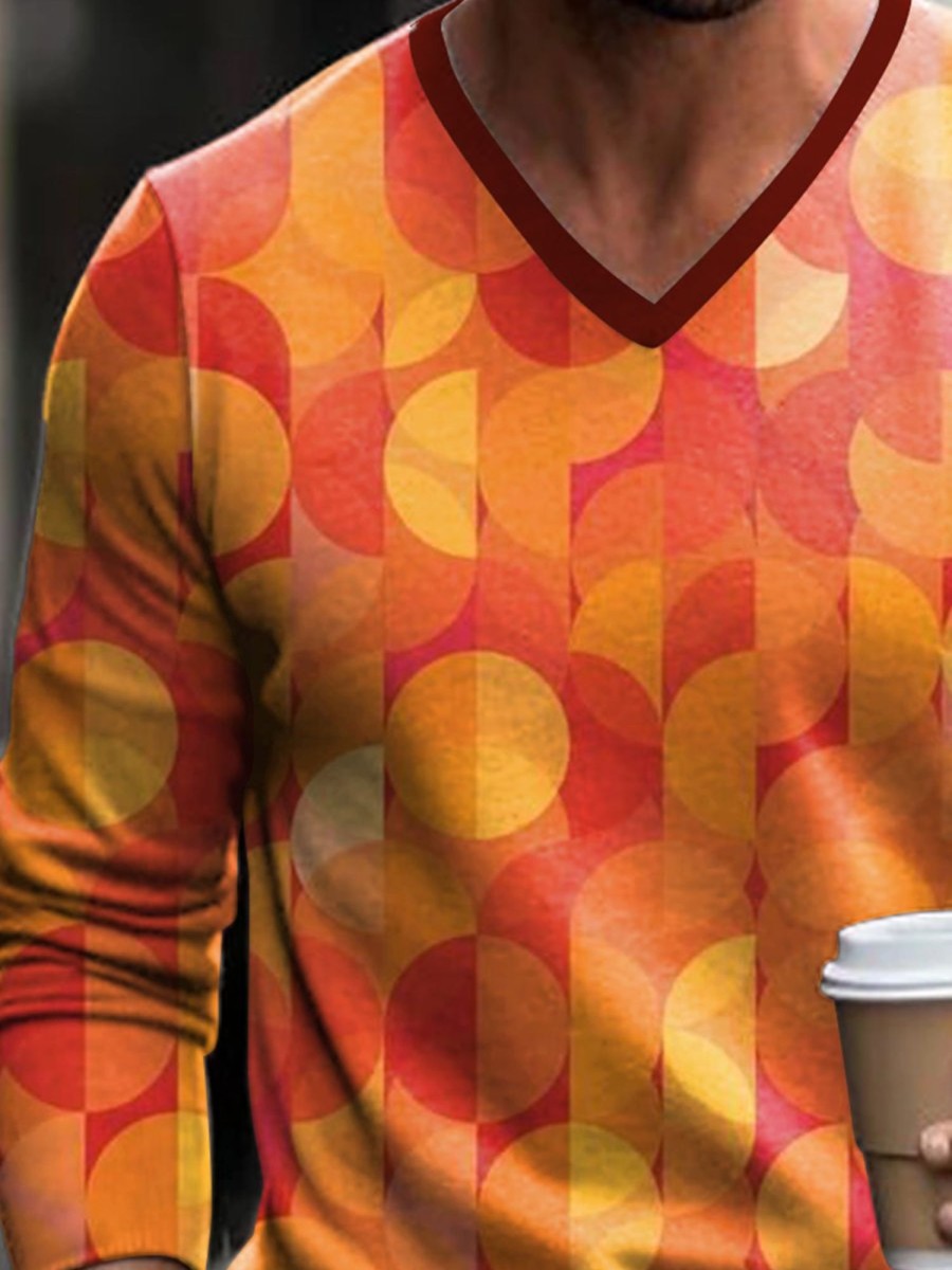 Men LJC Print Sweater | Round Overlay Stripe Print V-Neck Knitted Pullover Sweater Orange