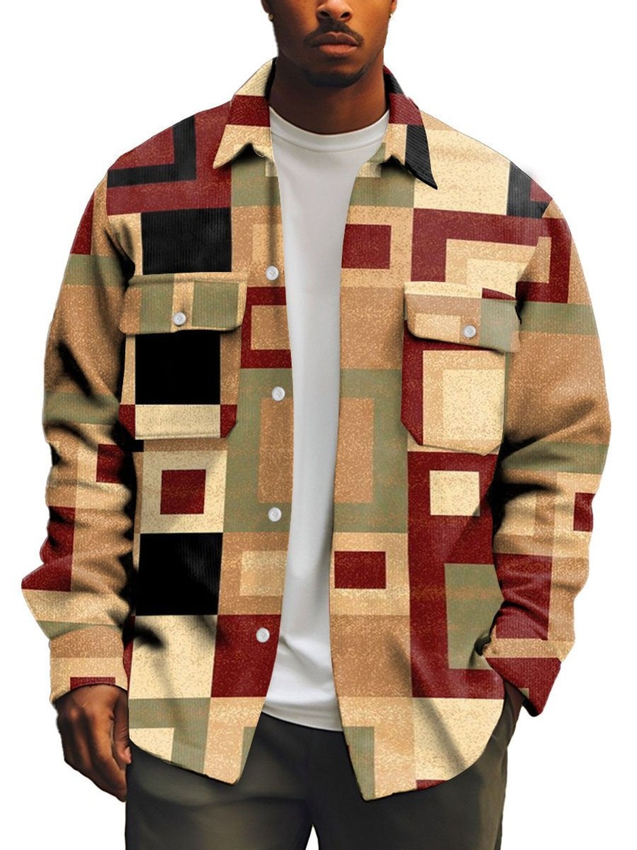 Men DJ Print Jacket | Vintage Multicolor Geometric Print Corduroy Pocket Lapel Jacket Photo Color