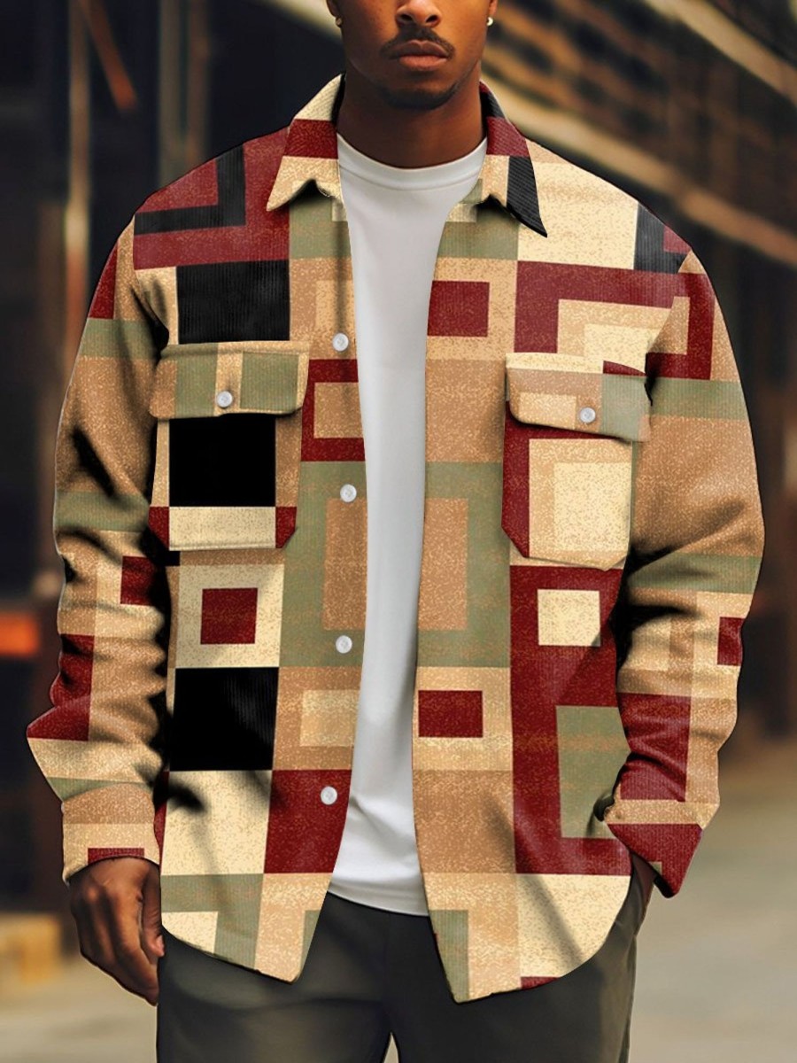 Men DJ Print Jacket | Vintage Multicolor Geometric Print Corduroy Pocket Lapel Jacket Photo Color