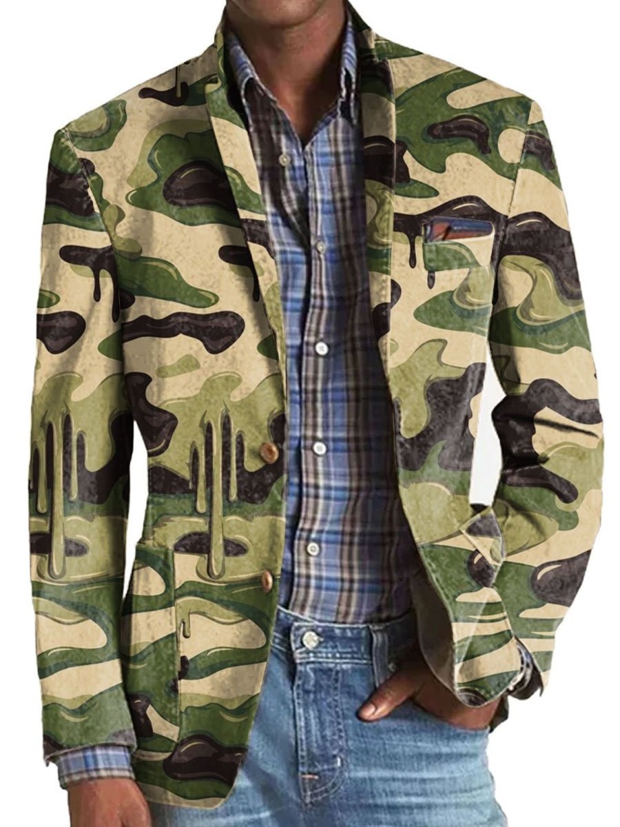 Men BXL Print Jacket | Men'S Multi-Pocket Camo Print Casual Blazer Army Green