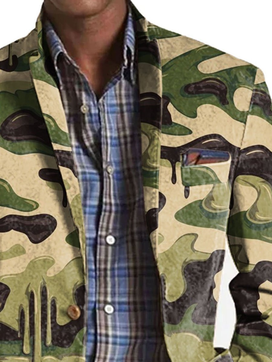 Men BXL Print Jacket | Men'S Multi-Pocket Camo Print Casual Blazer Army Green