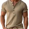 Men DJ Casual Shirts | Half Open Collar Solid Color Casual Versatile Short-Sleeved T-Shirt Khaki