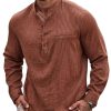 Men DJ Casual Shirts | Henley Collar Half Placket Single Pocket Casual Long Sleeve Shirt Brick Red