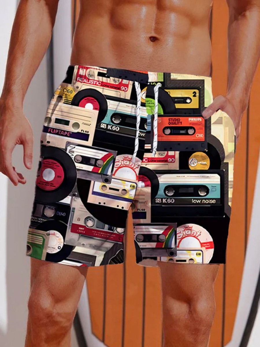 Men DJ Shorts | Vintage Vinyl Records And Tapes Printing Shorts Photo Color