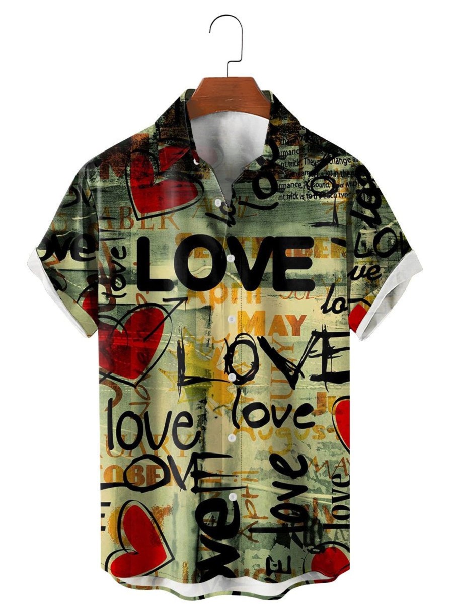 Men HLJ Shirts | Love Print Valentine'S Day Vintage Short Sleeve Shirt Khaki