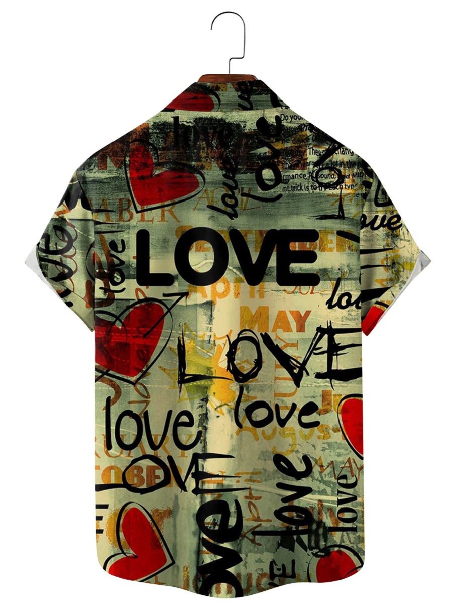 Men HLJ Shirts | Love Print Valentine'S Day Vintage Short Sleeve Shirt Khaki