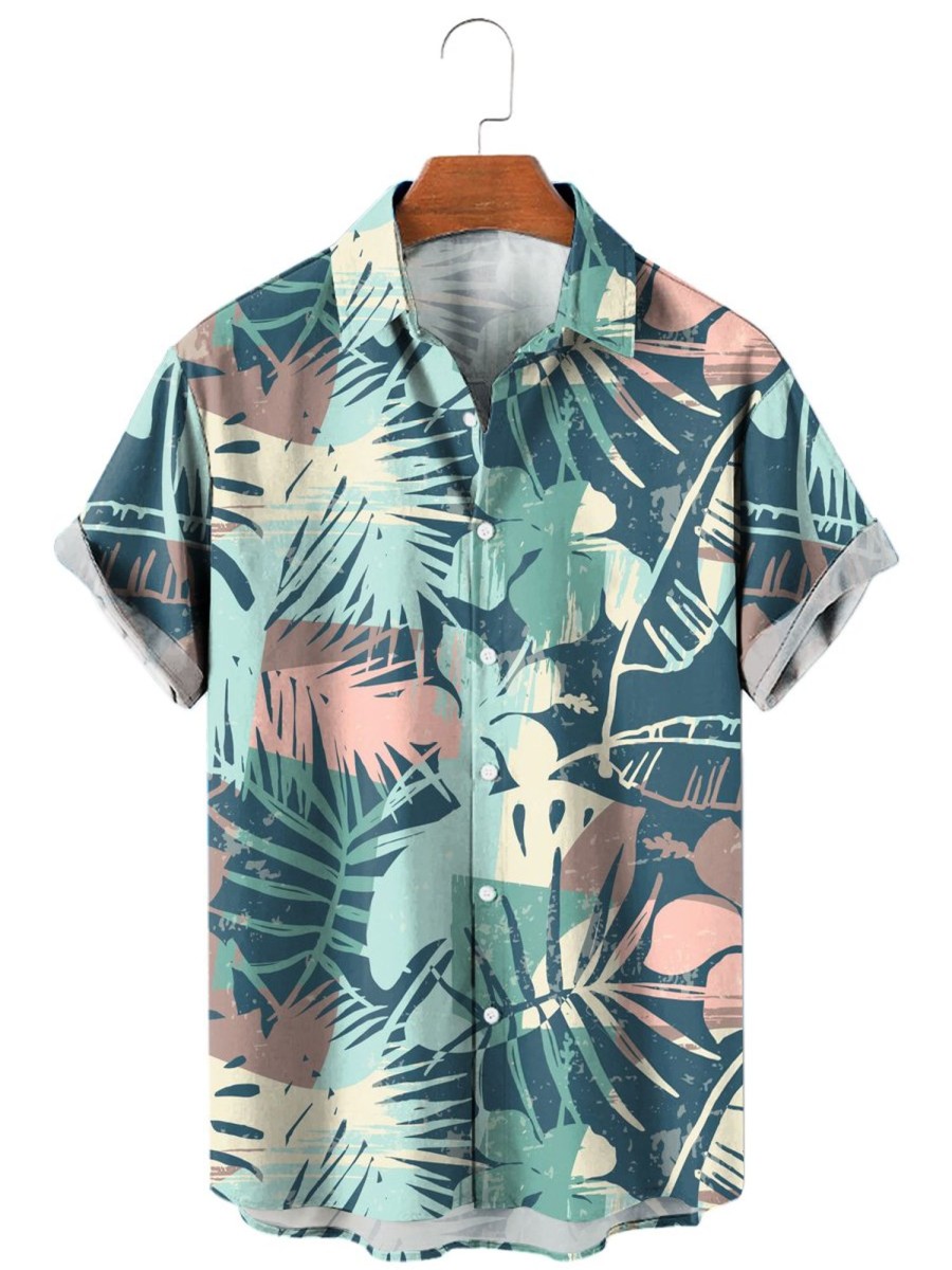 Men HLJ Shirts | Exotic Tropical Plant Print Short Sleeve Shirt Light Green