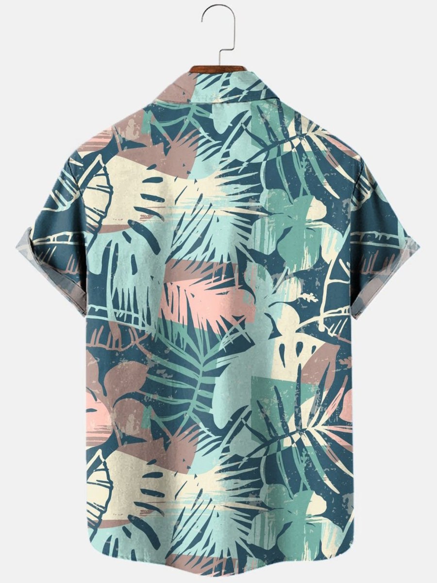 Men HLJ Shirts | Exotic Tropical Plant Print Short Sleeve Shirt Light Green