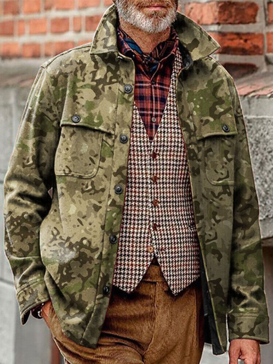 Men DJ Jacket | Camo Print Pocket Lapel Corduroy Casual Jacket Army Green