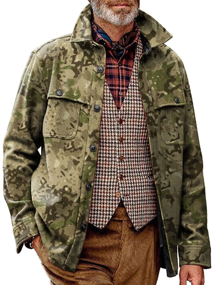 Men DJ Jacket | Camo Print Pocket Lapel Corduroy Casual Jacket Army Green