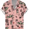 Men DJ Shirts | Cute Bat Floral Print Casual Hawaiian Short Sleeve Shirt Pink