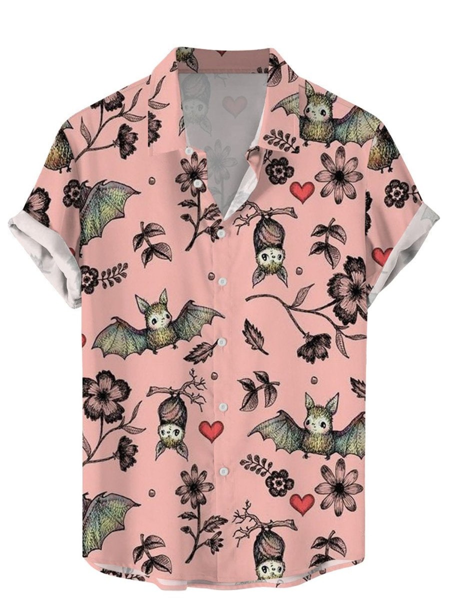 Men DJ Shirts | Cute Bat Floral Print Casual Hawaiian Short Sleeve Shirt Pink