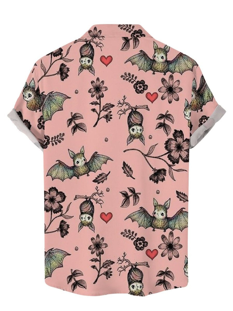 Men DJ Shirts | Cute Bat Floral Print Casual Hawaiian Short Sleeve Shirt Pink