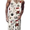 Men DJ Set | Fun Retro Tattoo Print Round Neck Tank Top And Shorts Two-Piece Set Beige