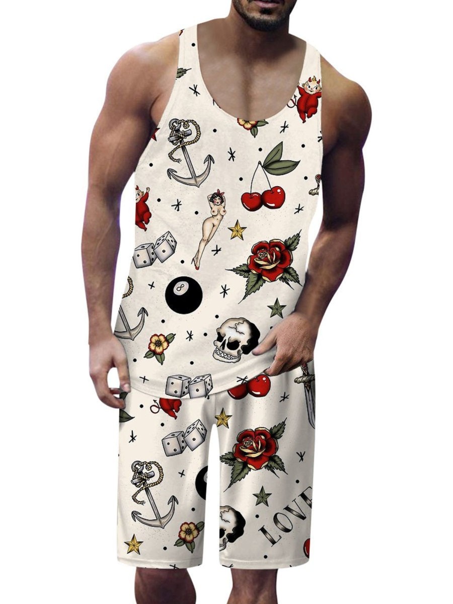 Men DJ Set | Fun Retro Tattoo Print Round Neck Tank Top And Shorts Two-Piece Set Beige