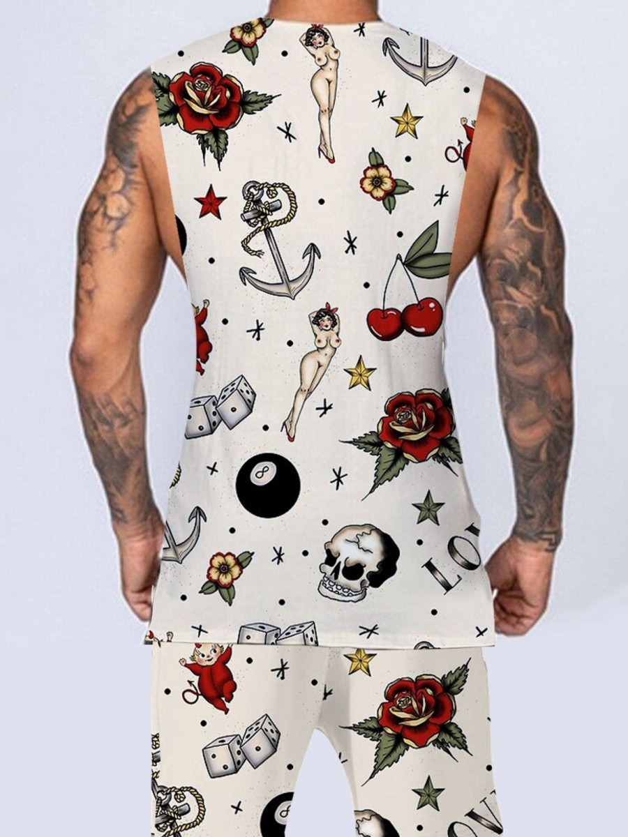 Men DJ Set | Fun Retro Tattoo Print Round Neck Tank Top And Shorts Two-Piece Set Beige