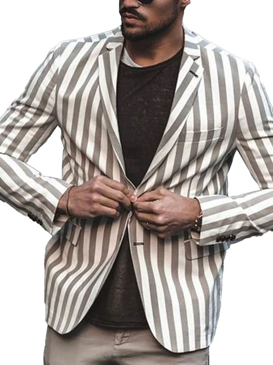 Men DJ Jacket | Striped Lapel Three-Pocket Casual Retro Suit Khaki