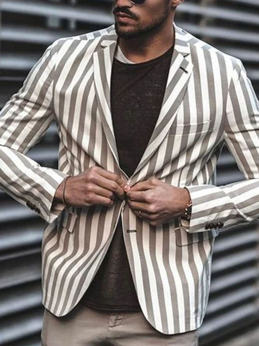 Men DJ Jacket | Striped Lapel Three-Pocket Casual Retro Suit Khaki