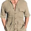 Men DJ Casual Shirts | Solid Color Lapel 4 Pocket Casual Short Sleeve Shirt Photo Color